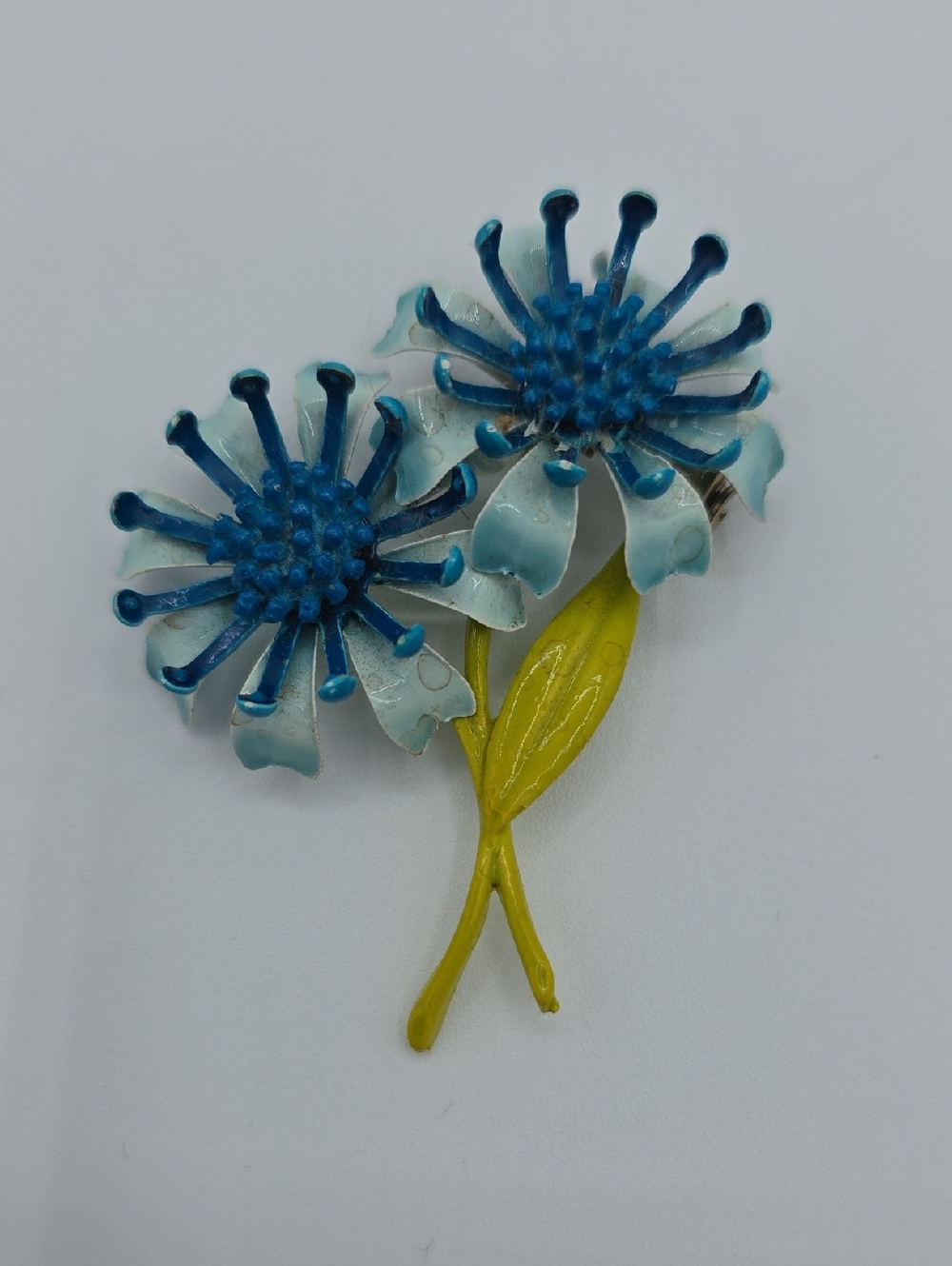 Vintage Blue and White Enamel Floral Pin with Light Green Stem